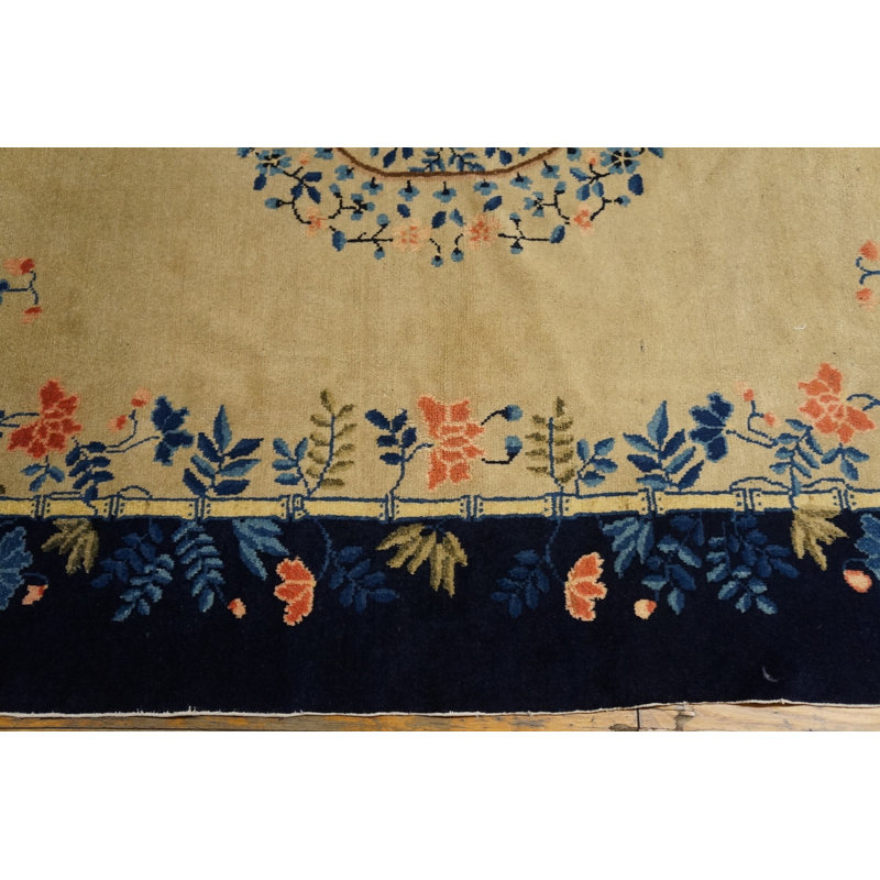 Small Ivory Cream Color Antique Artistic Open Field Floral Medallion Chinese Peking Rug