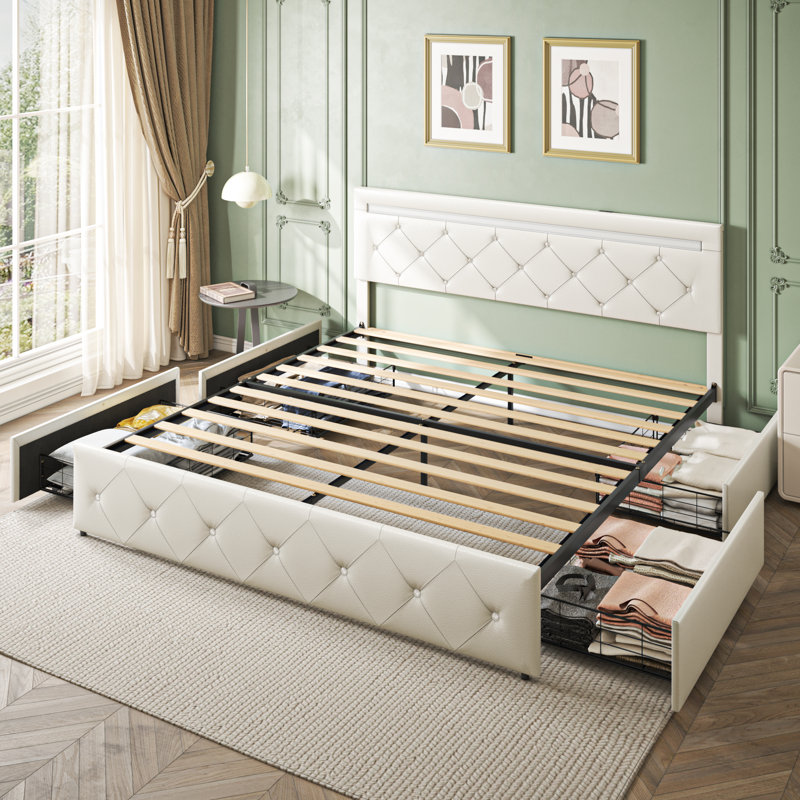 Queen Size Upholstered Platform Bed Frame with Color Changing LED Lights and Twin Side Drawers, Modern Tufted Design with Storage Shelves