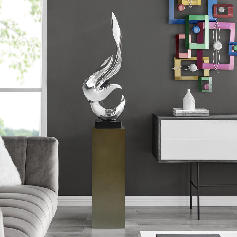 Sculpture de plancher en résine faite à la main avec base Aj Flame, Chrome / gris