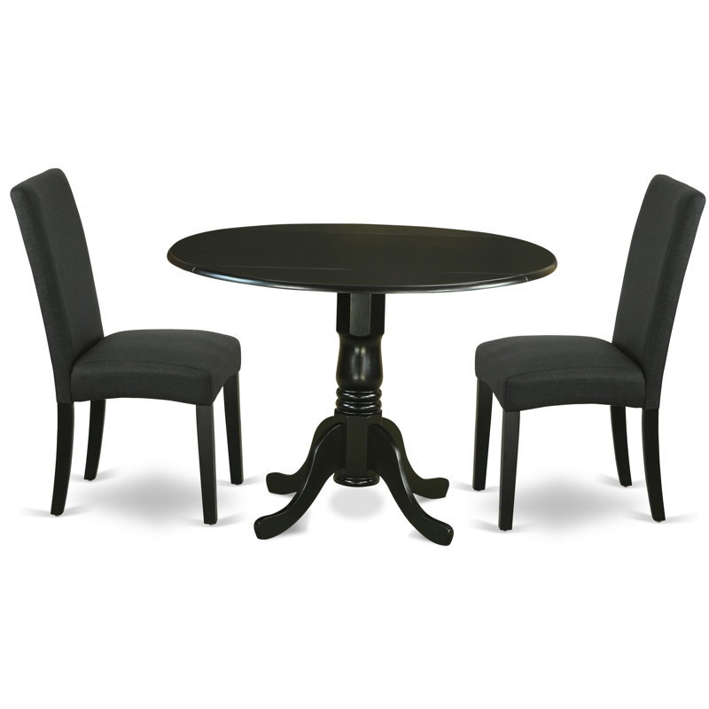 L'ensemble de table de cuisine 3 pièces comprend une table de salle à manger ronde avec Dropleaf et 2 chaises rembourrées en tissu de couleur noire, noir