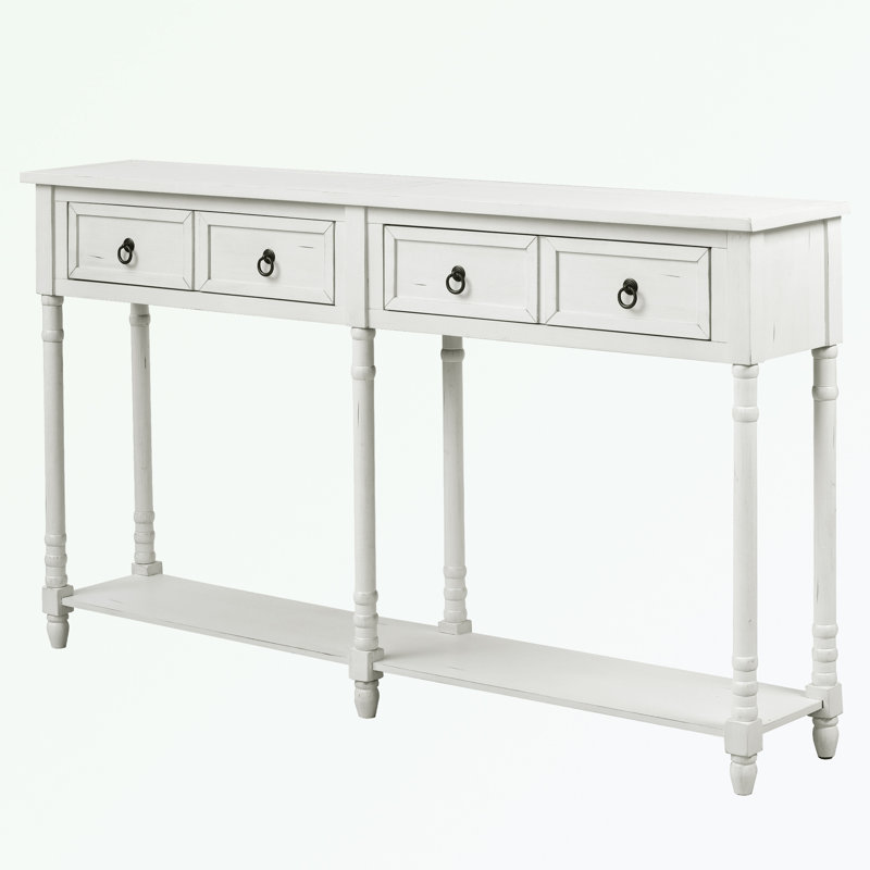 Console en bois massif de 57,9 po, Blanc antique, Blanc antique