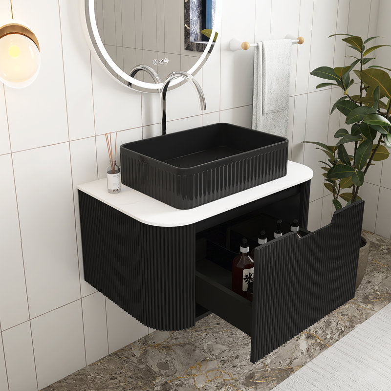 Meuble-lavabo mural rectangulaire en céramique blanche, 30", Noir