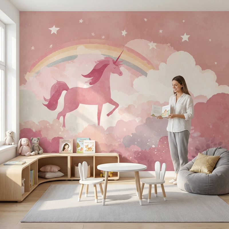 Papier peint licorne arc-en-ciel nuage amovible double rouleau, Texturé non collé, 160 po x 108 po