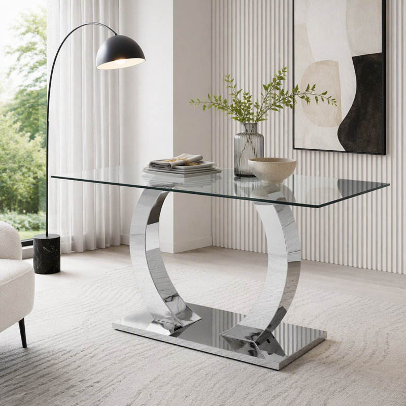 63-Inch Rectangular Tempered Glass Dining Table, Silver+Transparent