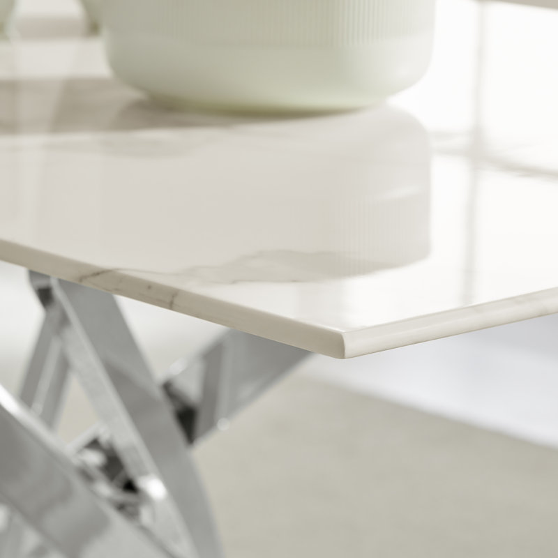 Lenworth Luxury Marble Effect Glass 6 Seater Dining Table - Modern Statement Design, Silver, White