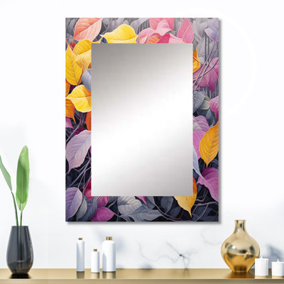 Feuilles roses et jaunes en hiver - miroir mural décoratif à feuilles, miroir traditionnel, impression sur métal