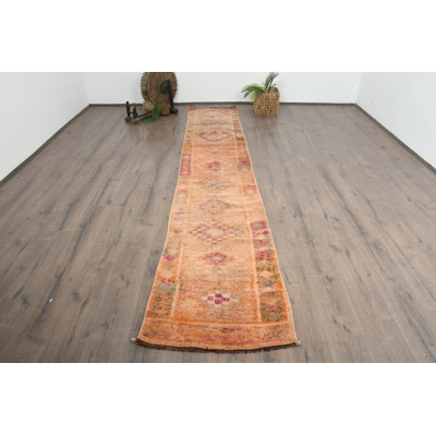 Vintage Wool Runner Rug, 28.7x153.5 Inch Geometric Orange Rug