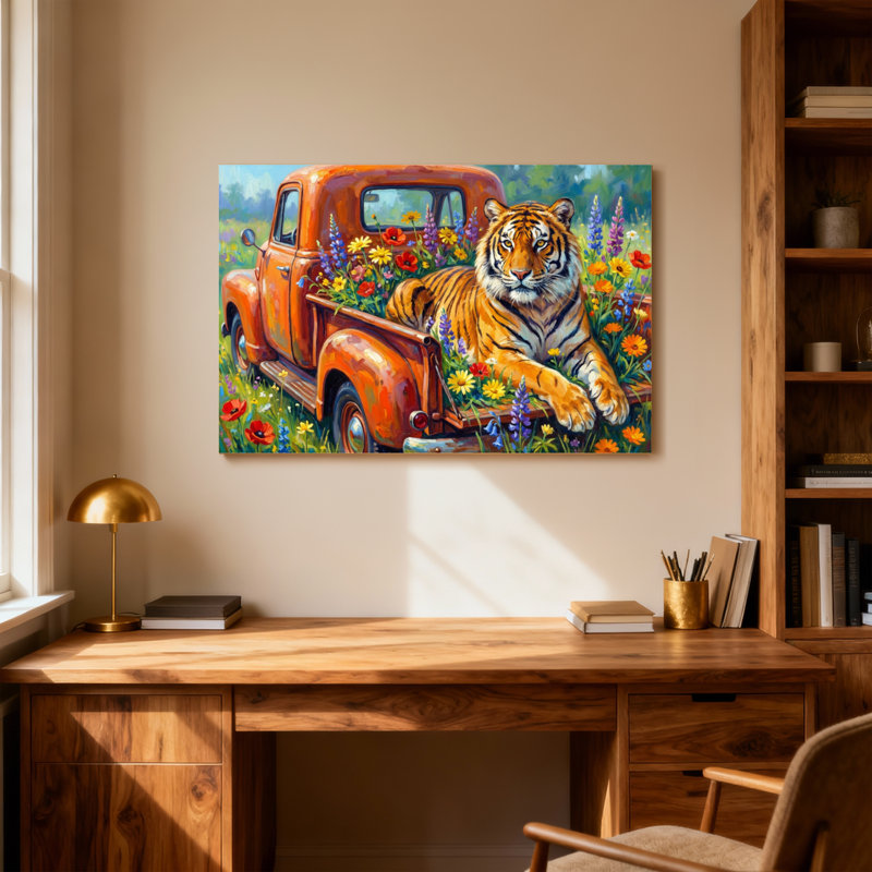 Animaux, tigre dans un camion orange avec des fleurs, H 16 po x l 24 po