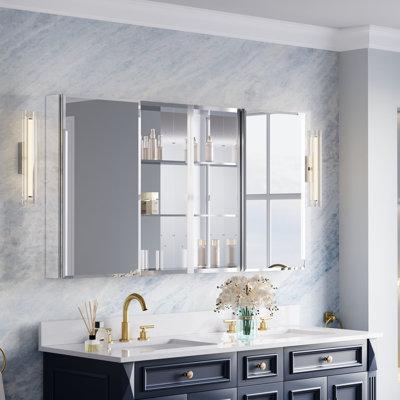 56''W X 30" H Recessed or Surface Wall Aluminum Bathroom Beveled Mirror Medicine Cabinet And Open Shelf Set