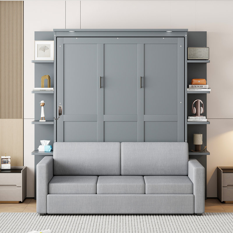 Queen Size Murphy Bed Wall Bed with Sofa, gris