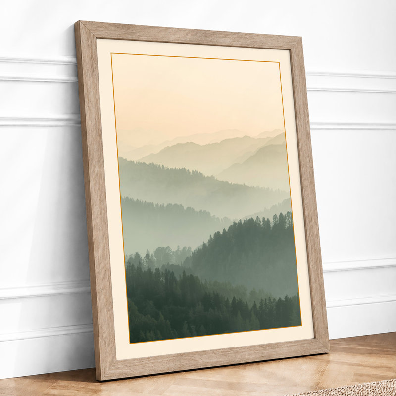 Mountains in Mist Scandinavian - Framed Print, A1 - 84.1 x 59.4 cm, Oak