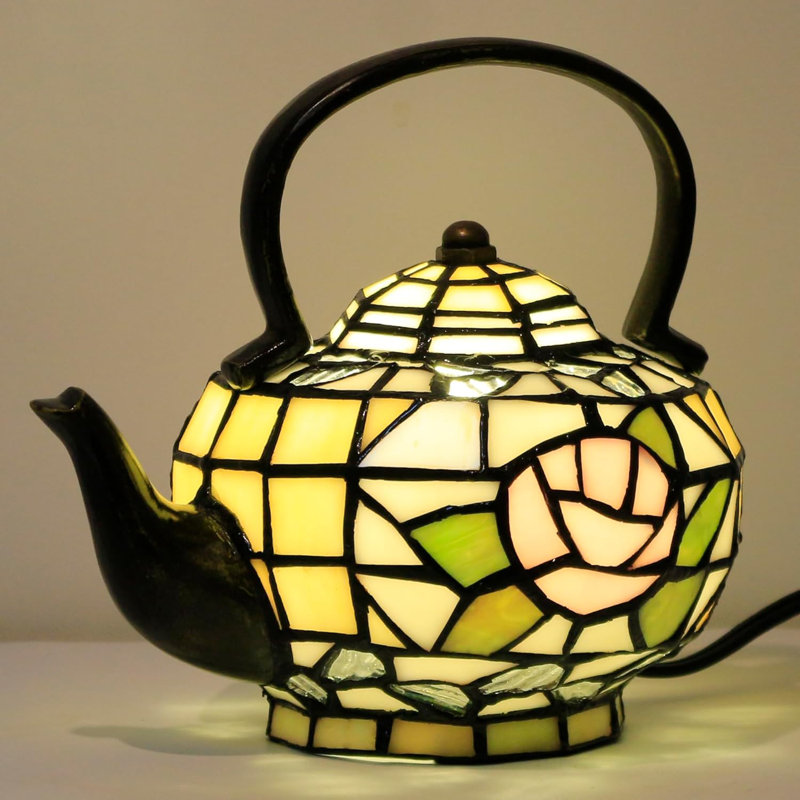 Amber Teapot Tiffany Style Stained Glass Accent Table Lamp