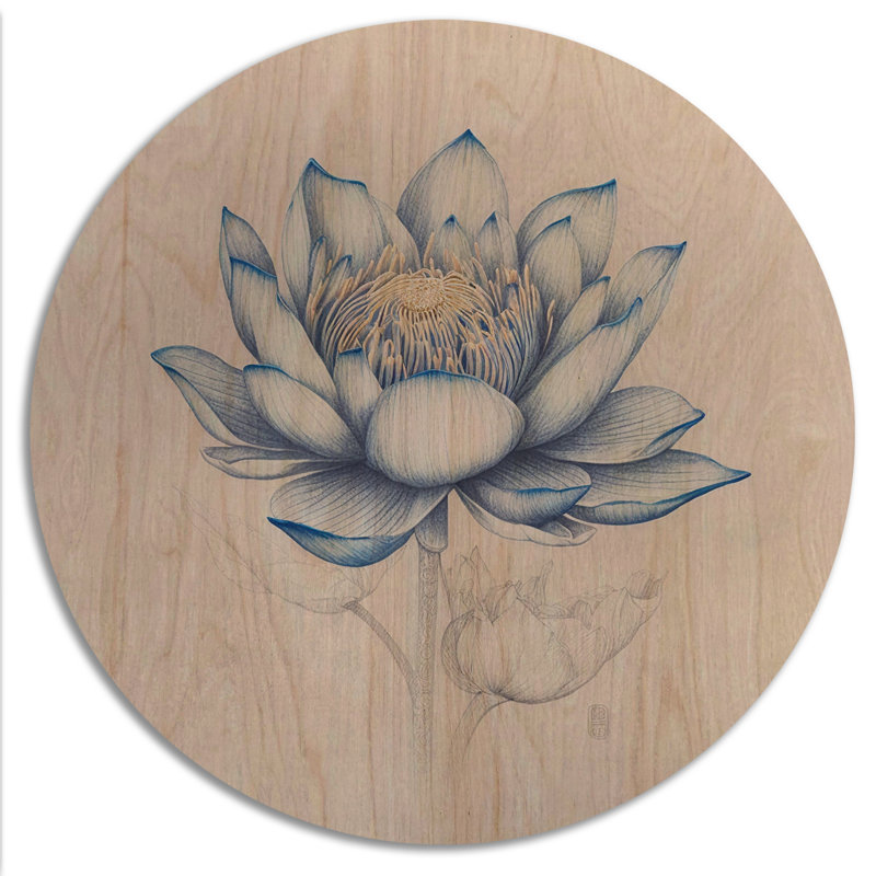 Rétro lotus bleu II - art mural en bois de lotus floral - bois de pin naturel, H 23 po x l 23 po x P 1 po