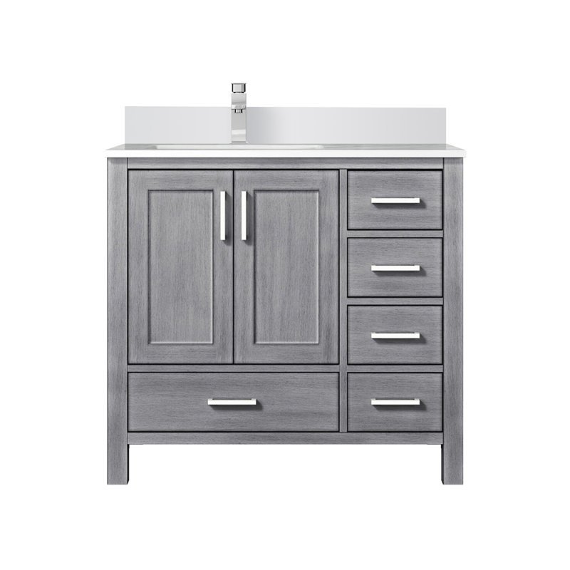 Meuble-lavabo gris patiné 36 po X P 22 po D, ensemble de comptoir en quartz blanc décalé à gauche et robinet