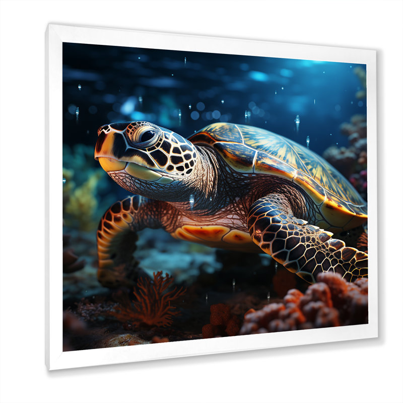 «Abstract Swim I» - Tortue, art mural sur toile, H 24 po x l 24 po x P 1 po, Cadre simple blanc