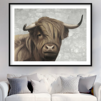 Desaturated Highland Cattle Print - Gray Framed Home Decor