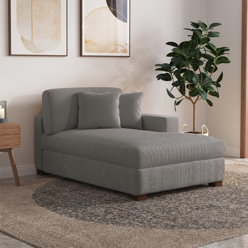 Milbrey Oversized Upholstered Light Gray Corduroy Chaise Lounge with Armrests & Throw Pillows, Light Gray, Right Hand Facing
