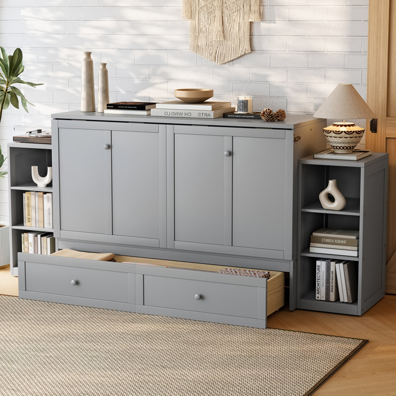 Grand lit escamotable avec tiroirs et tablettes de rangement, lit mural peu encombrant pour chambre d'amis ou compacte, gris clair