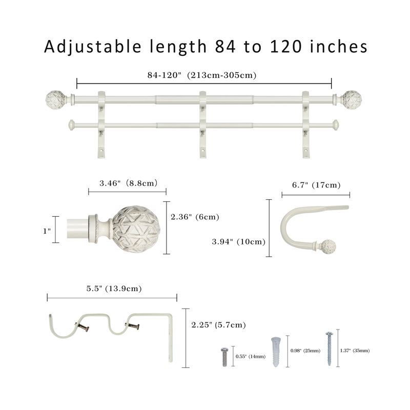 Tringle à rideaux double ajustable Devingo, 84” – 120", Blanc patiné