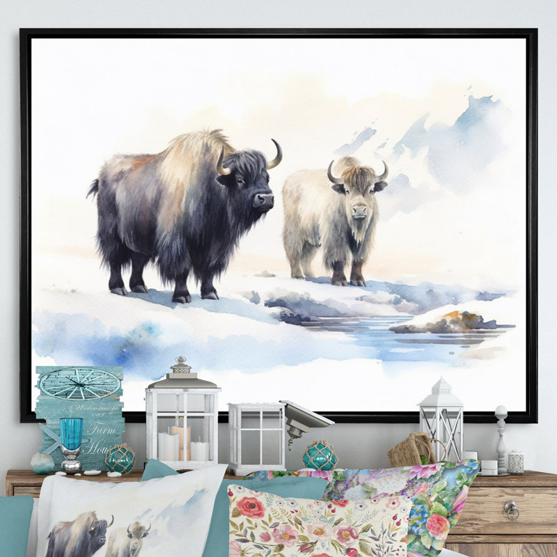 Domestique yak II sur toile, H 16 po x l 32 po x P 1 po, Cadre flottant noir