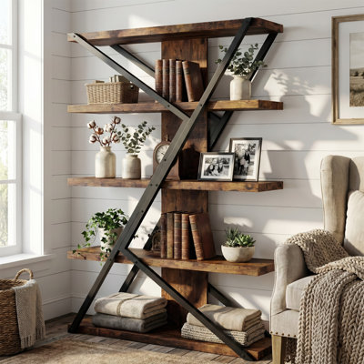 Bibliothèque étagère industrielle à 5 niveaux, bibliothèque autoportante en bois rustique et métal avec cadre géométrique pour le bureau à domicile et le salon