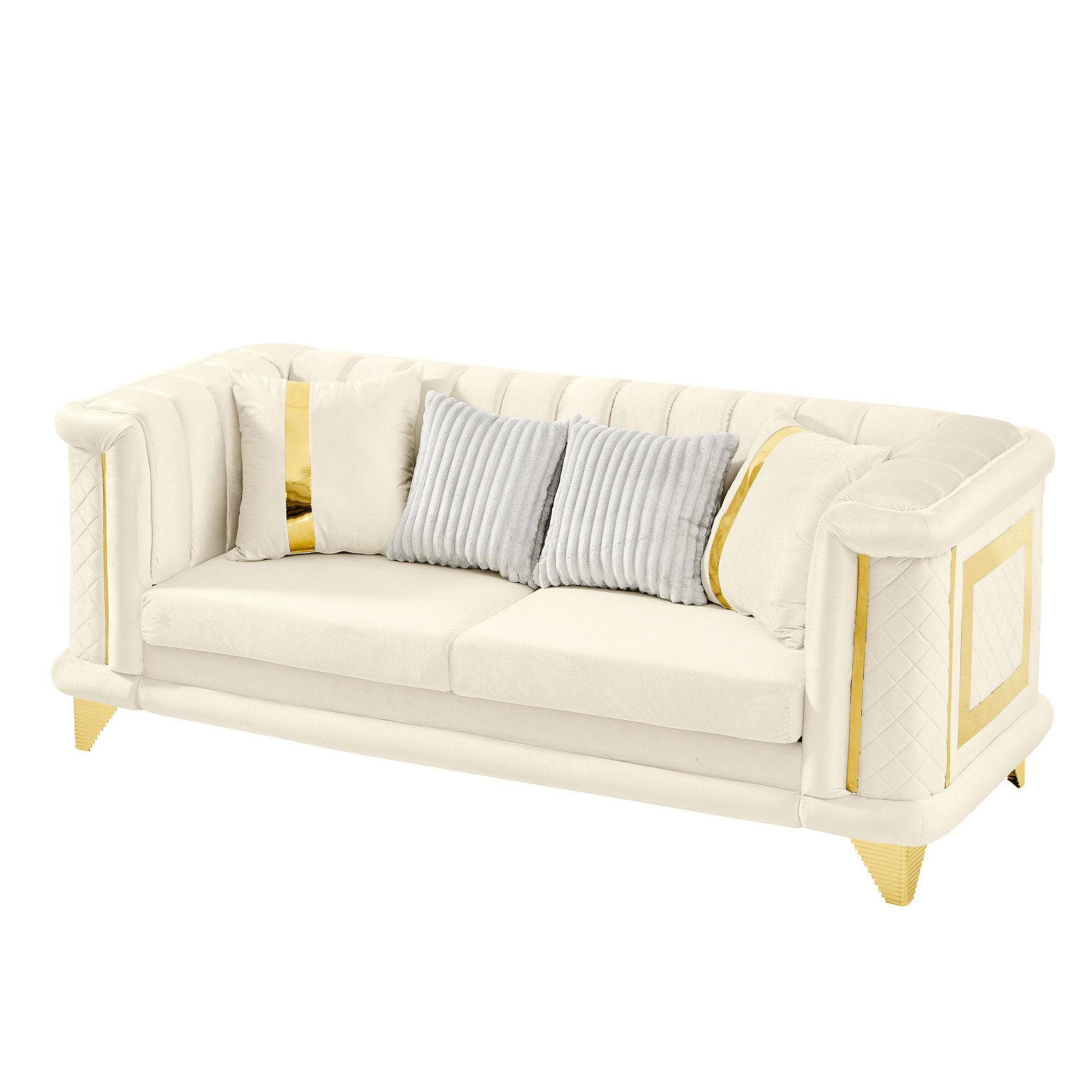 Latitude Run® Beige 3 Seater Luxury Velvet With Gold Stainless Steel ...