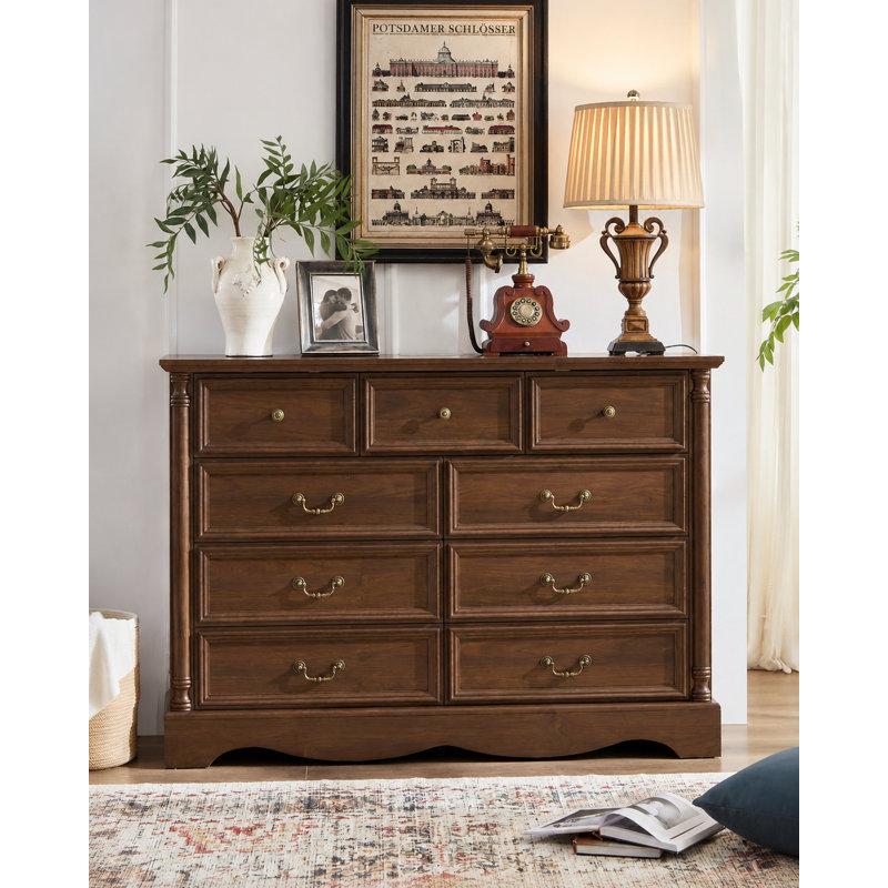 9 Drawers Dresser, 54" Wide Farmhouse Chest of Drawers with Charging Station, Distressed Finish Design, Brown