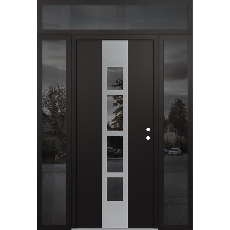 Porte d'entrée pré-suspendue en acier argenté Diamond A10 avec deux panneaux latéraux et une traverse, Noir / noir / miroir