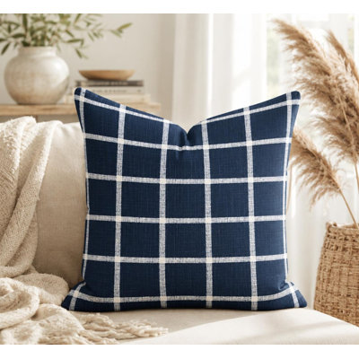 Navy blue and off white checkered plaid canvas pillow cover