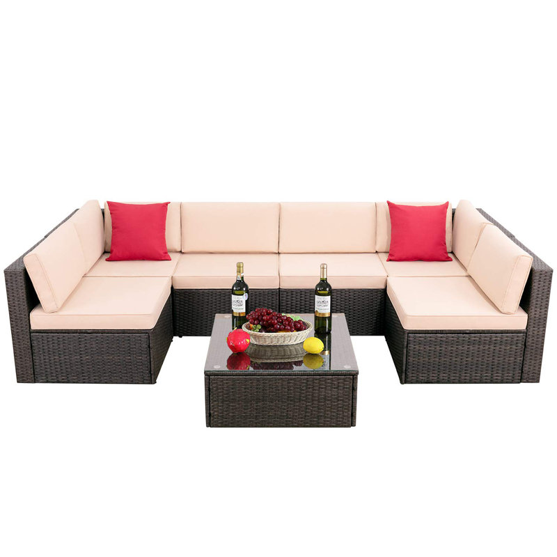 Ensemble de conversation modulaire en rotin 7 pièces avec coussins Bump, Beige / Rouge