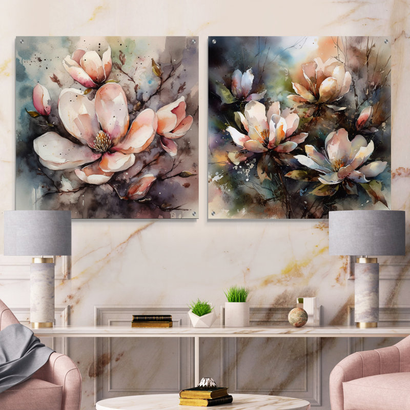 Pink Magnolia Symphony I - Magnolias Acrylic Wall Art Glass Set Of 2, 16" H x 33" W