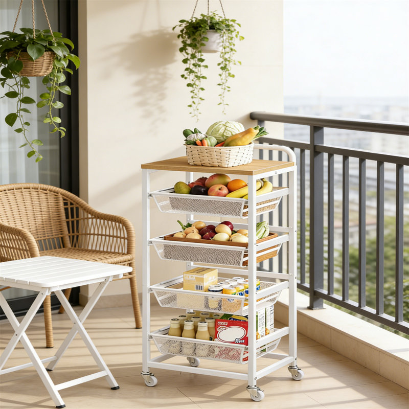 5-Tier Storage Trolley With Pull-Out Baskets, Kitchen Shelf With Wheels, Handle,  Golden Oak And Matte
