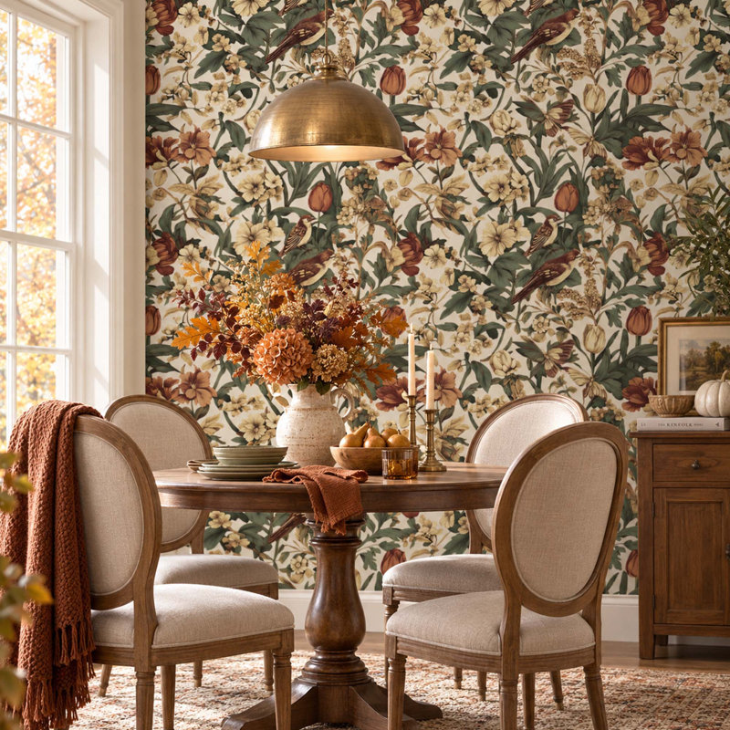 Floral Birds Peel and Stick Wallpaper, Vintage Botanical Pattern, Beige