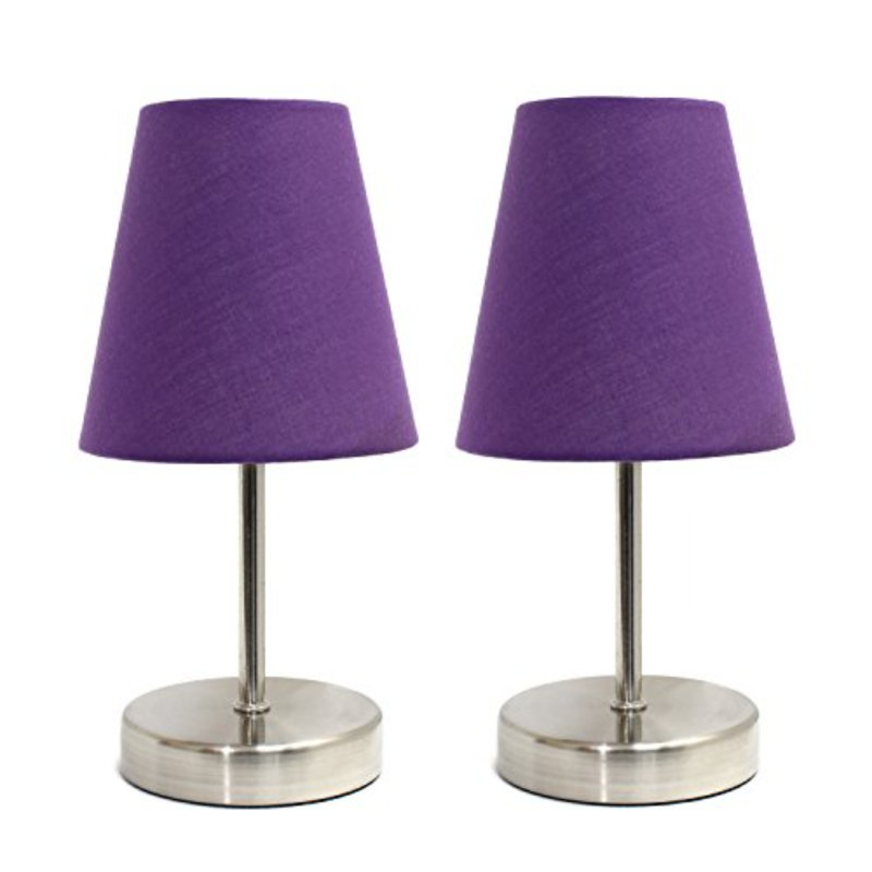 Amandev Simple Designs Sand Nickel Mini Basic Table Lamp with Tapered Fabric Shade, Purple