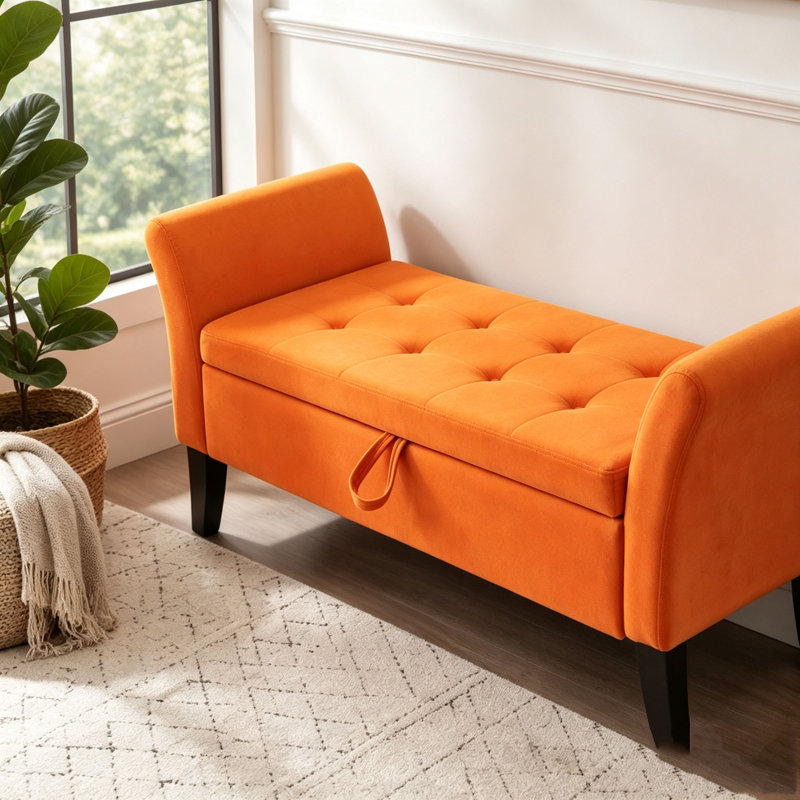 Tufted Velvet Storage Bench with Curved Arms & Solid Wood Legs, Orange