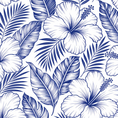 Peel and Stick Wallpaper Navy Blue Floral vintage Leaves Flowers botanical Wall Mural 17.7"W x 118"H Self Adhesive Removable