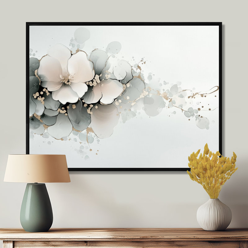 Encre de pivoines - art mural pivoine, H 34 po x l 44 po, Impression dans un cadre flottant sans passe-parto, Noir