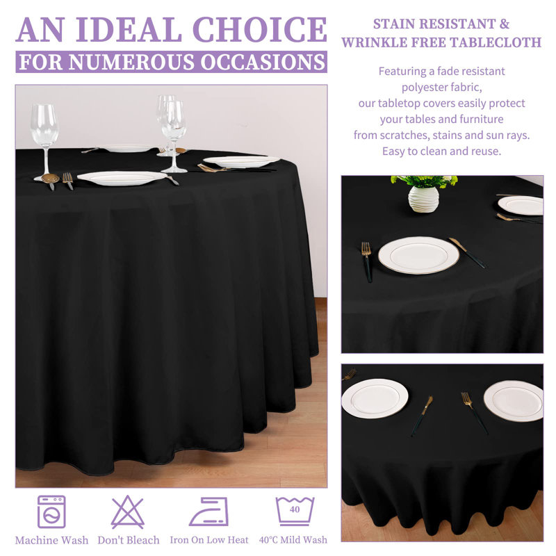 6-Pack 120-Inch White Round Polyester Tablecloth, Washable for Weddings, Parties, Banquets, and Camping, Black