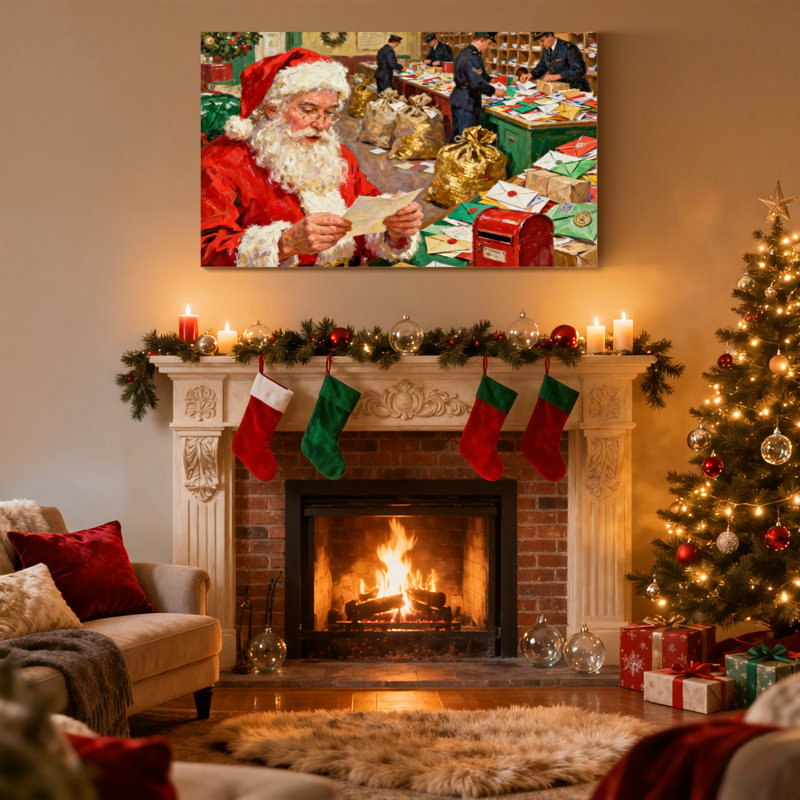 Ensemble de 3 reproductions d'art sur toile, père Noël, lecture, lettre, atelier, scène, H 16 po x l 24 po