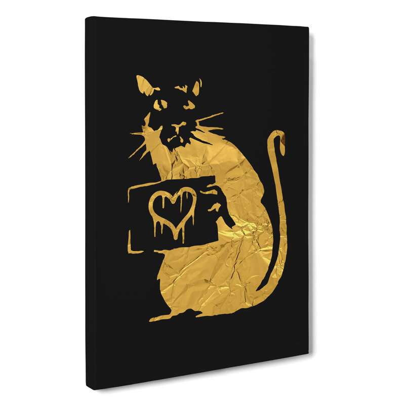 Banksy in Gold Rat with Heart - Wrapped Canvas, 60cm H x 40cm W x 3cm D
