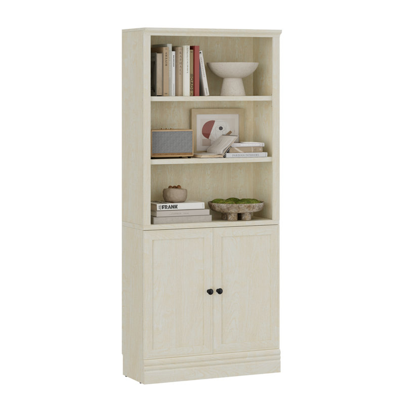 Tall Bookcase with Adjustable Shelves, 5-Tier Standard Bookshelf with Door, Open Storage Shelf Organizer,  Cream, 72.5 Inch