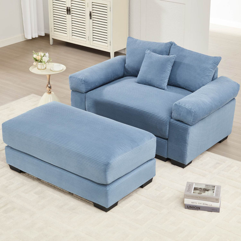 Canapé rembourré en velours côtelé avec repose-pieds, Bleu