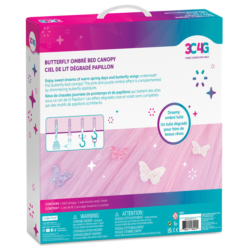 Pink and Purple Butterfly Ombre Kids Bed Canopy