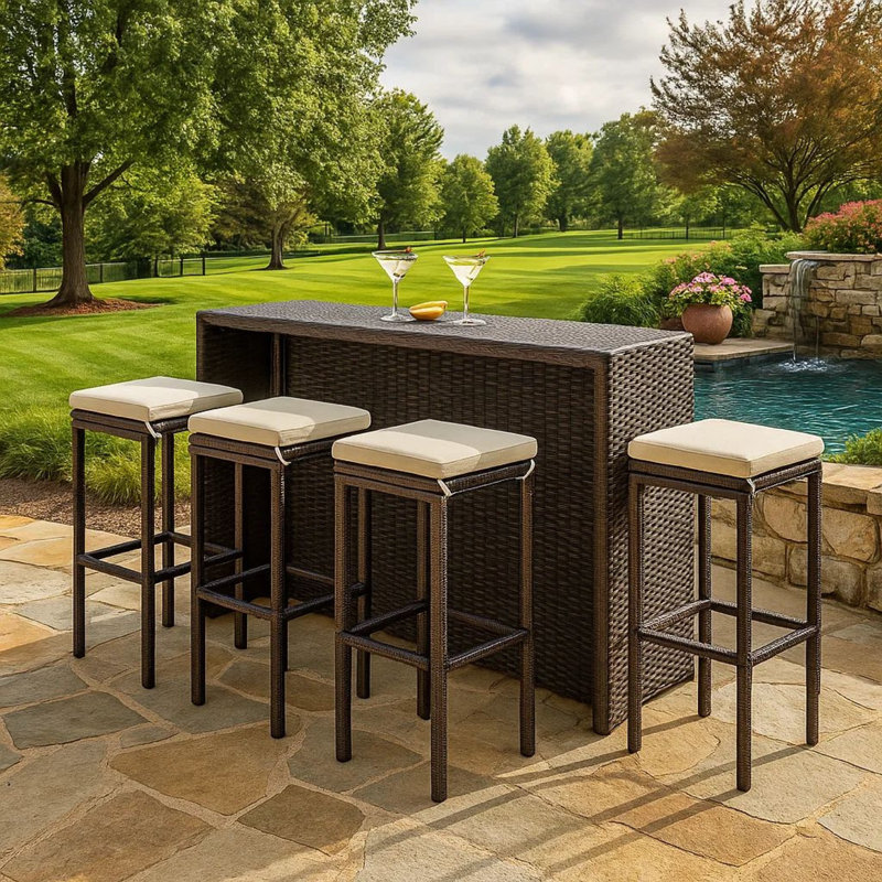 Vian Outdoor Barstool, Poly Rattan, Polyester, 4, Brown, Cream White