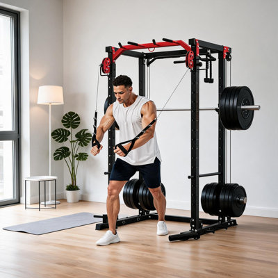 Support à deux utilisateurs avec système de poulie indépendant - station de gymnastique à domicile 2000LB pour squat, câble croisé et LAT Pulldown-rouge