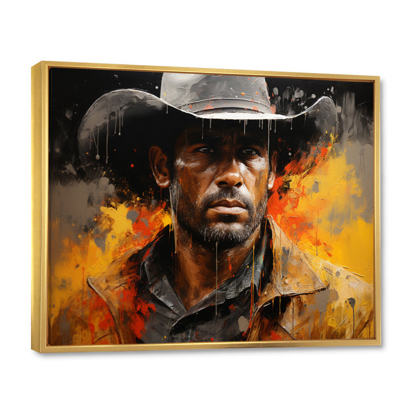 Western Cowboy Pointillism Portrait II - reproduction sur toile, 34" H x 44" W, Cadre flottant doré