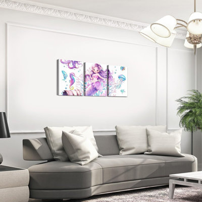 Mermaid Canvas Wall Art For Living Room,Beautiful Mermaid Sealife Wall Decorations For Bedroom Office,Watercolor Undersea World Wall Painting Prints Art Home Decor 3 Piece