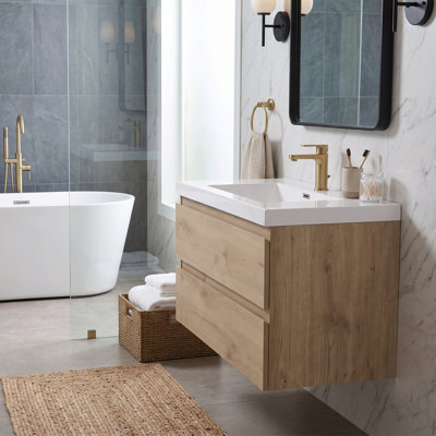 Meuble-lavabo mural en mélamine bois naturel de 91 cm (36 po), résistant à l'usure et aux égratignures, avec une surface non poreuse et facile à nettoyer.