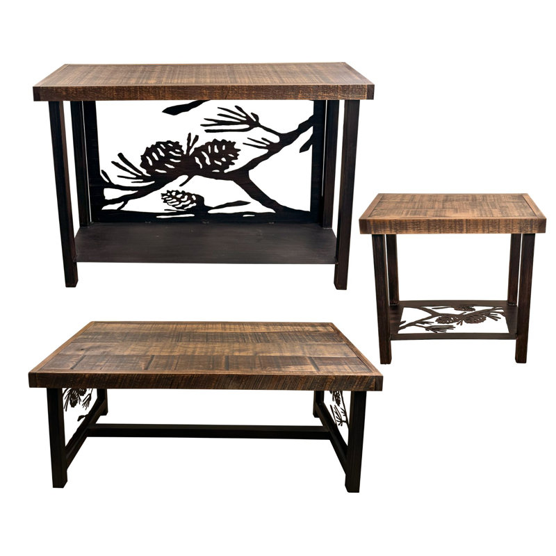 BURNT SIENNA PINE CONE TABLE SET 1- COFFEE TABLE 1-SOFA TABLE 2-RECTANGLE SIDE TABLES ALL WITH ROUGH SAWN TOPS