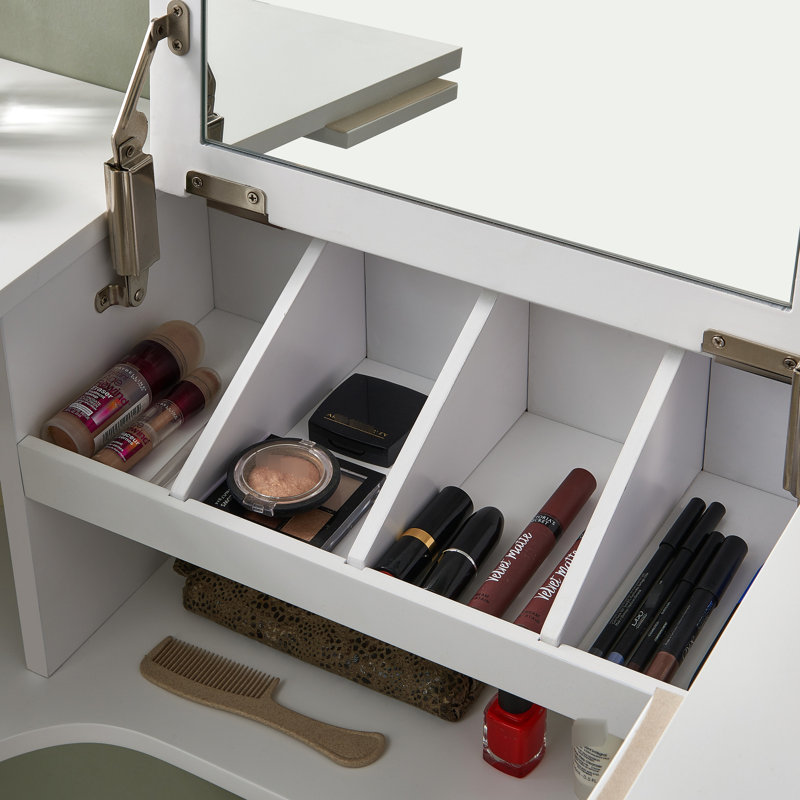 Rebord mural transitionnel blanc avec miroir - Économisez de l'espace pour vos accessoires de coiffure et de coiffage Accessoires de rangement, maquillage